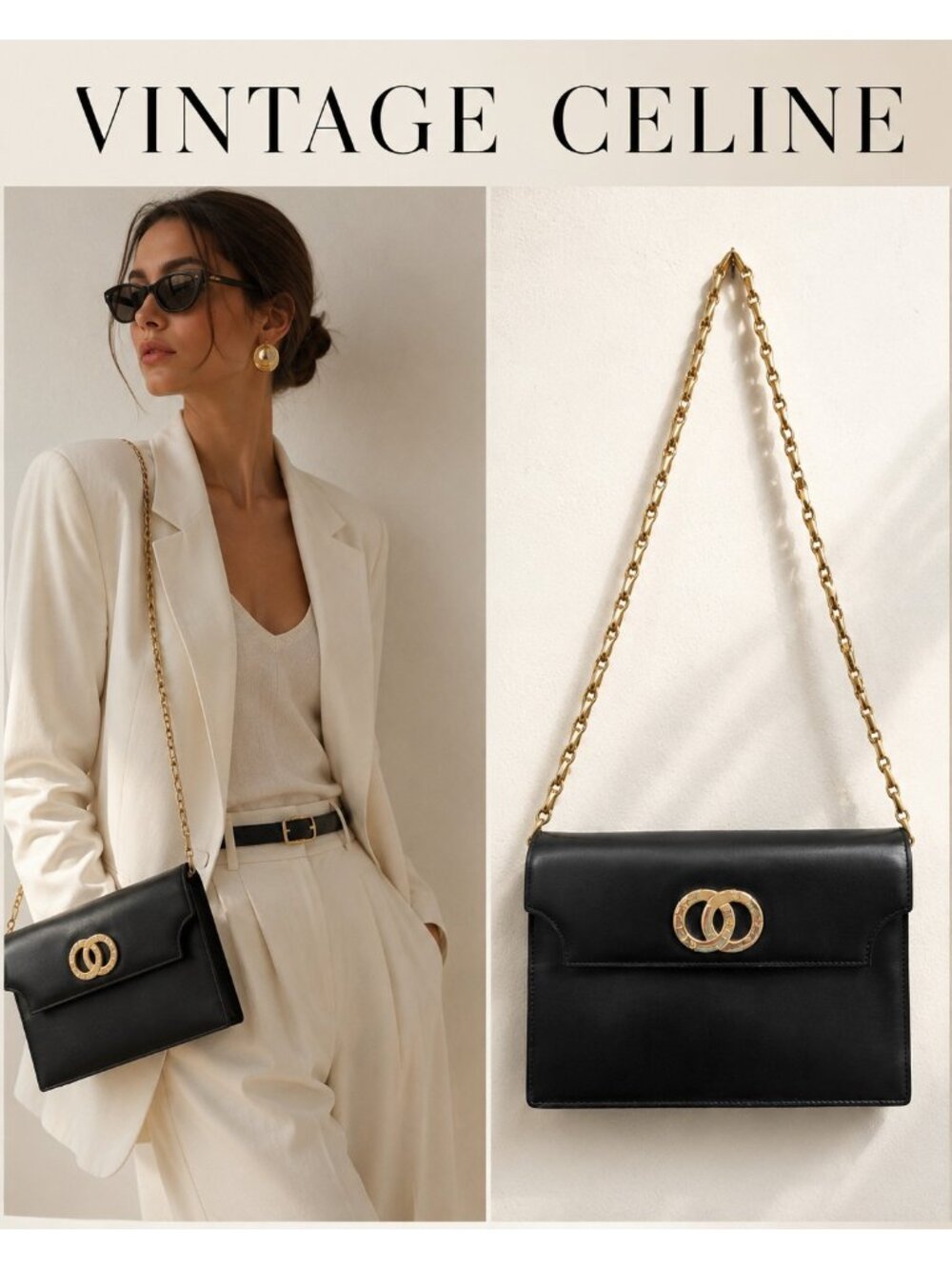 Vintage Celine Paris Black Leather Chain Shoulder Bag France Gold Hardware Rare